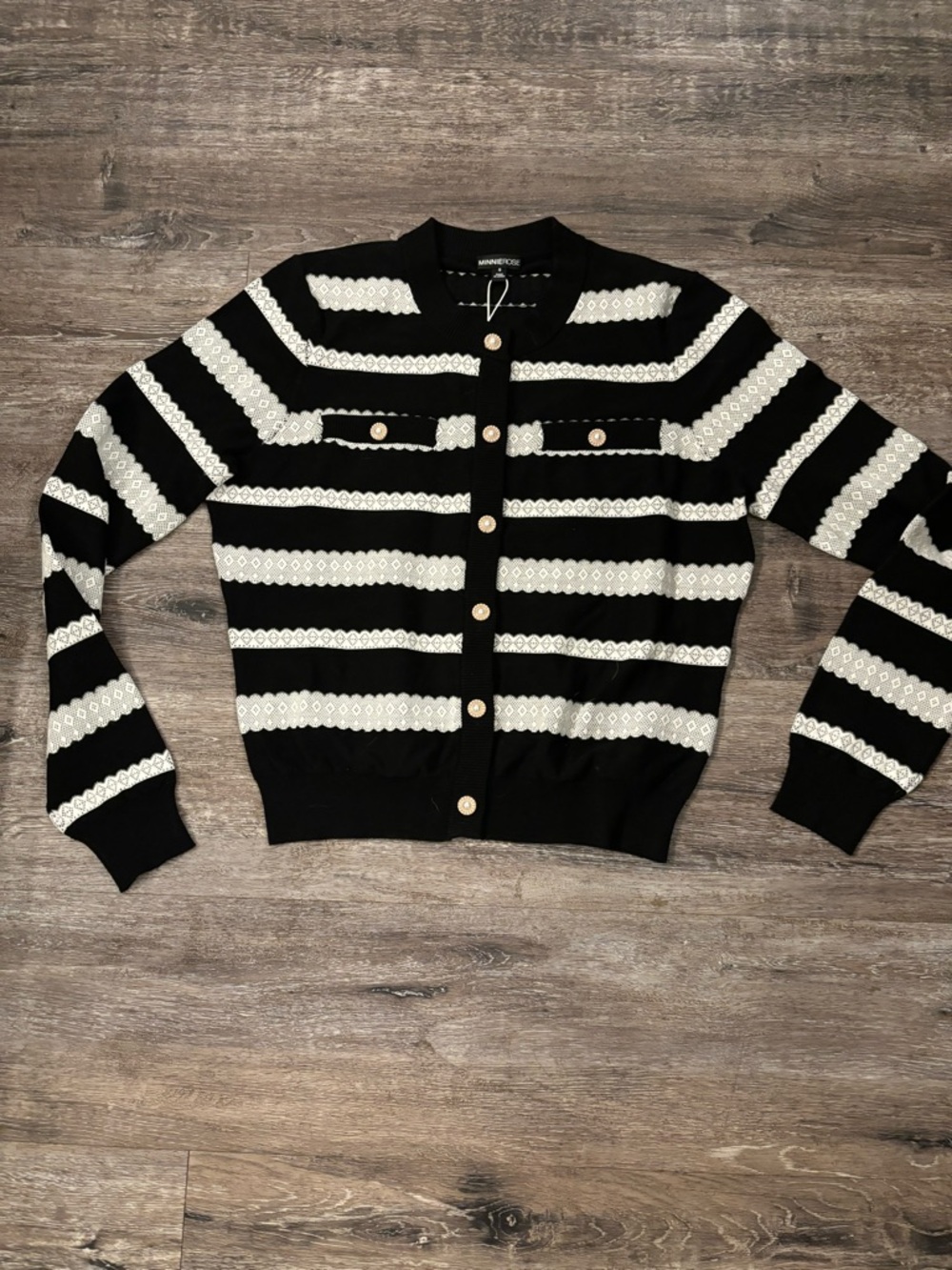 Minnie Rose Black and White Striped Lace-Trim Cardigan